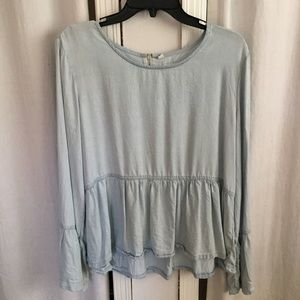 Denim Long Sleeve Peplum Top with Bell Sleeves